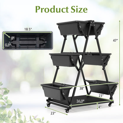 3-Tier Vertical Raised Garden Bed with 4 Wheels and 6 Container Boxes