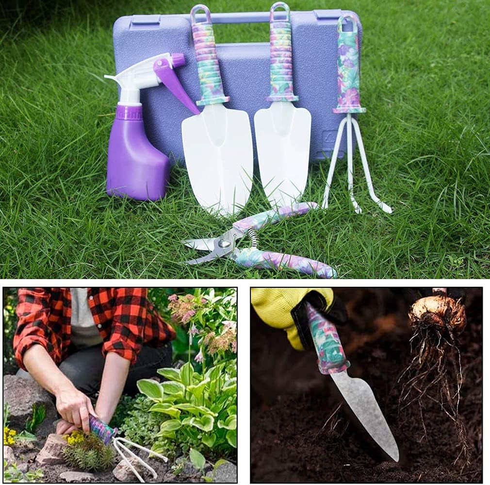 Gardening Tools Set, Unique Gardening Gifts for Women, Gardening Hand Tools with Purple Carrying Case, Gardening Kit for Home Gardening Flowers Potted Trim Loosing Planting Tools (5Purple)