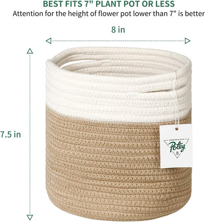 8"X7.5" Basket Planters for Indoor Plants, up to 7.5 Inch Flower Pot, Sturdy Woven Rope Organizer with Handle, Small, White Brown Stripes