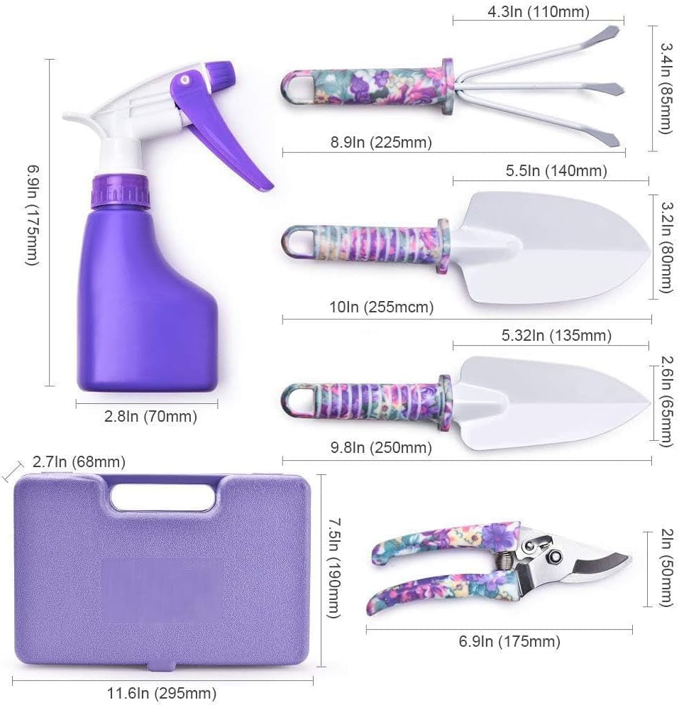 Gardening Tools Set, Unique Gardening Gifts for Women, Gardening Hand Tools with Purple Carrying Case, Gardening Kit for Home Gardening Flowers Potted Trim Loosing Planting Tools (5Purple)