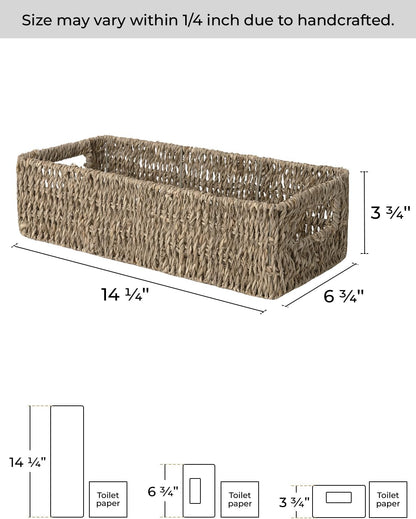 Seagrass Baskets with Built-In Handles, Bathroom Decor Box for Toilet Tank Top, 14 ¼"L X 6 ½"W X 3 ¾"H