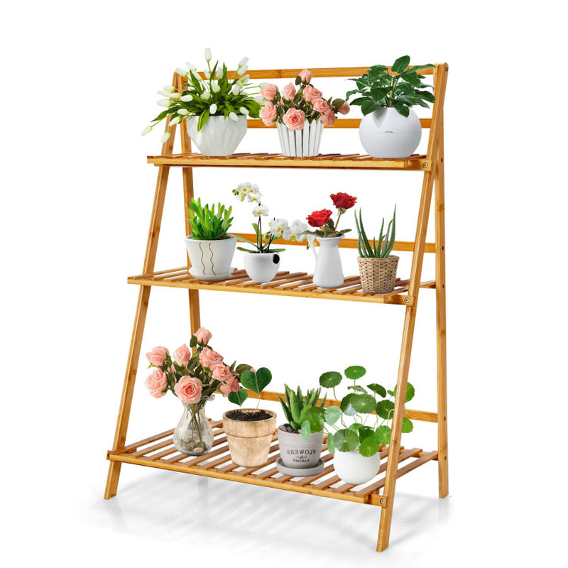 3-Tier Bamboo Plant Stand Foldable Display Shelf for Balcony