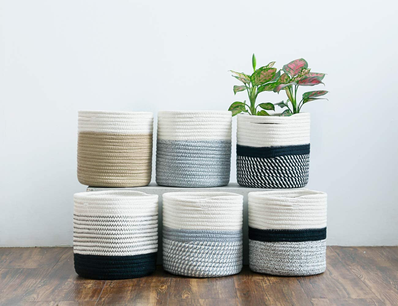 8"X7.5" Basket Planters for Indoor Plants, up to 7.5 Inch Flower Pot, Sturdy Woven Rope Organizer with Handle, Small, White Brown Stripes