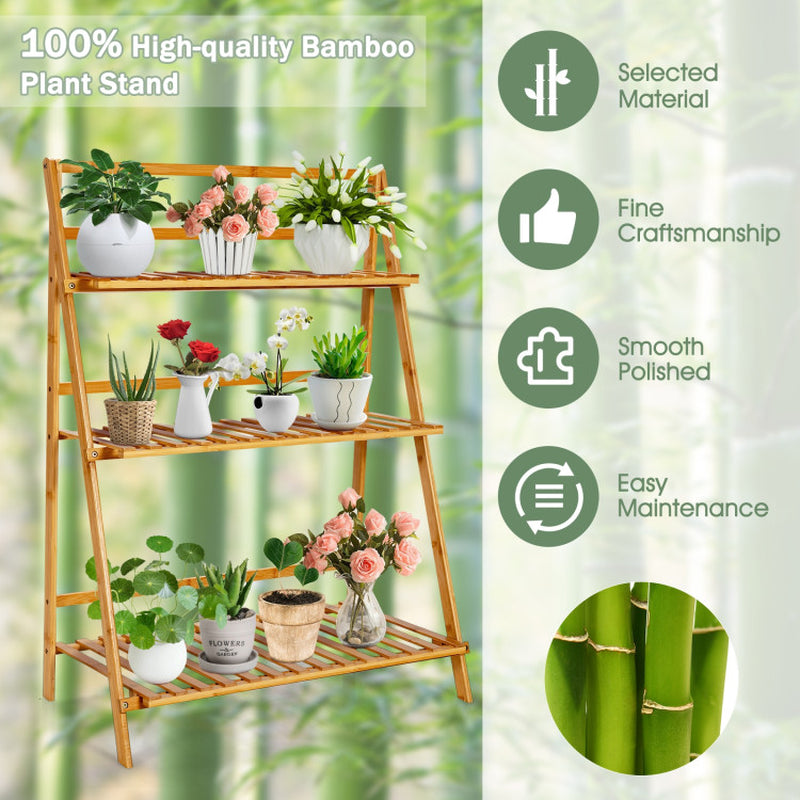 3-Tier Bamboo Plant Stand Foldable Display Shelf for Balcony